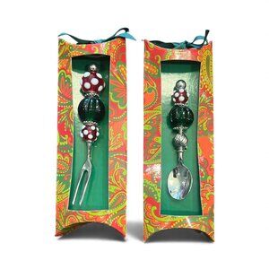 MUDPIE Beaded Cocktail Fork and Beaded Demi Spoon NEW in Boxes Christmas Colours
